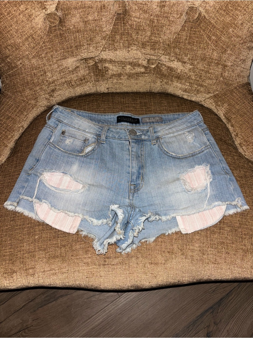Aeropostale Light Blue Distressed Denim Shorts with Pink Stripe Patch